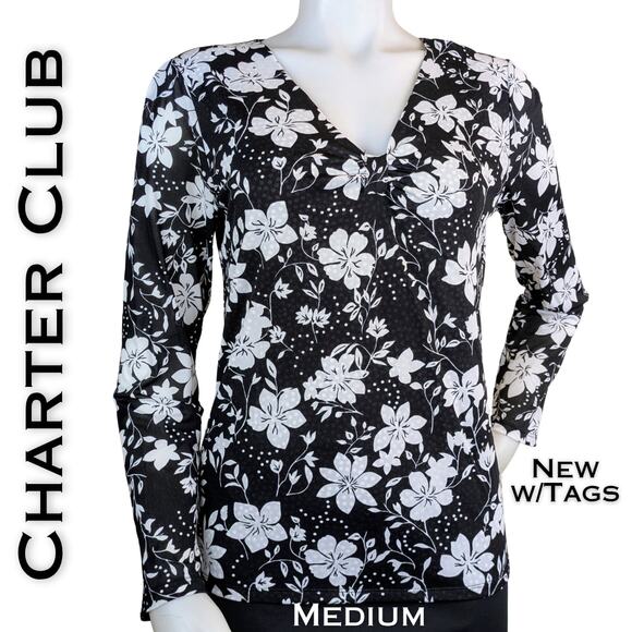 New Charter Club Blouse Medium Black White Floral Long Sleeve Ruched V-Neck - Picture 1 of 11